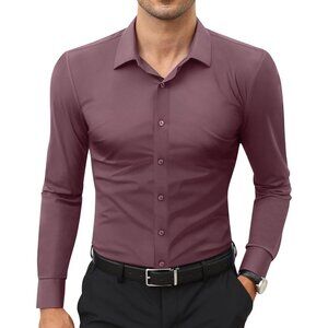 Men Pink Long Sleeve Slim Muscle Fit Wrinkle Free Button Down Dress Shirts